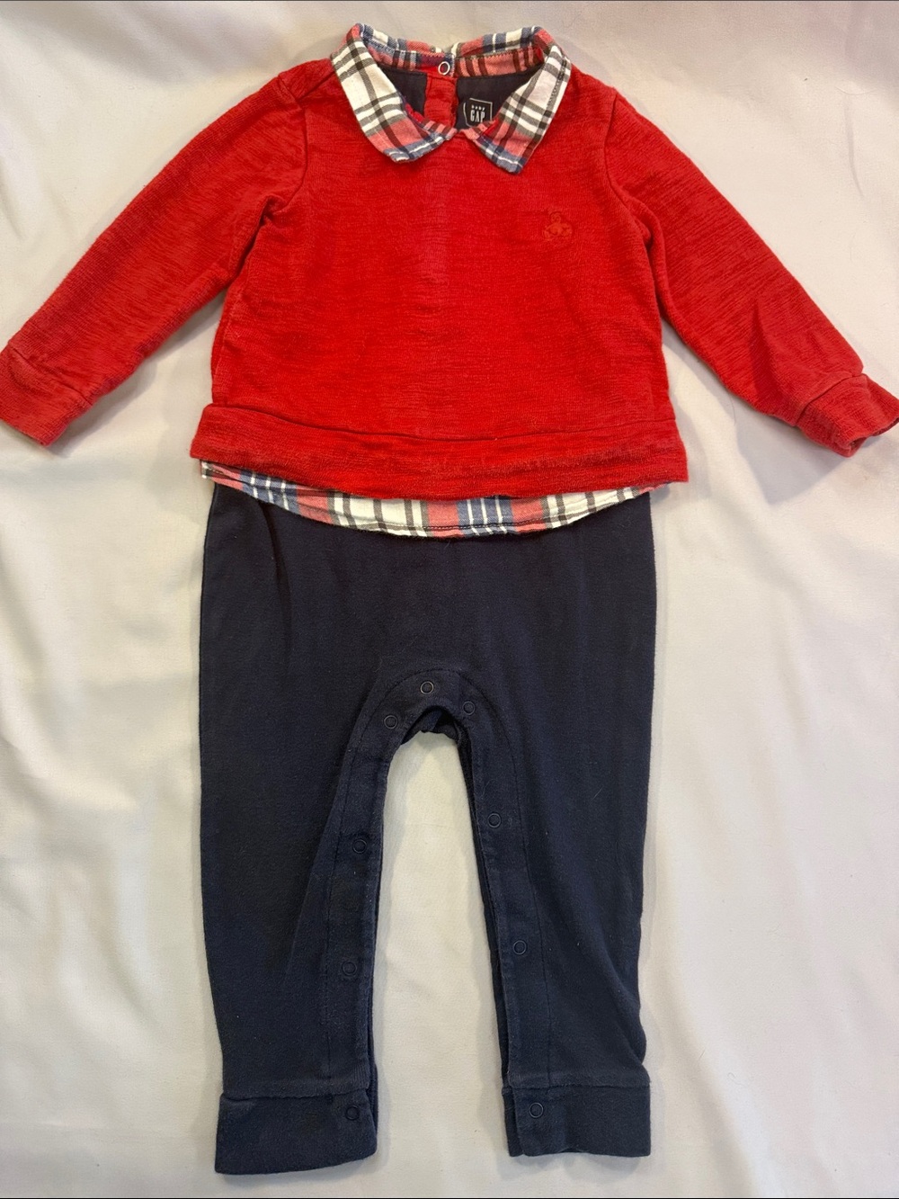 GAP Red Top with Navy Bottoms Plaid Collar Romper